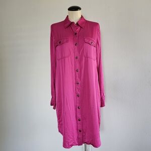 Ralph Lauren Vivid Pink Satin Button-down Long-sleeve Rounded Hem Dress Size 10